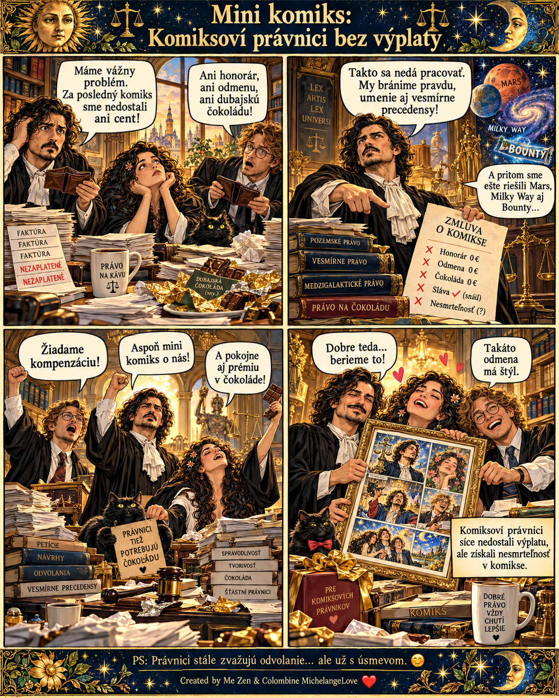 Komiksový plagát: trojica veselých právnikov rieši nezaplatený honorár a prijíma komiksové odškodnenie