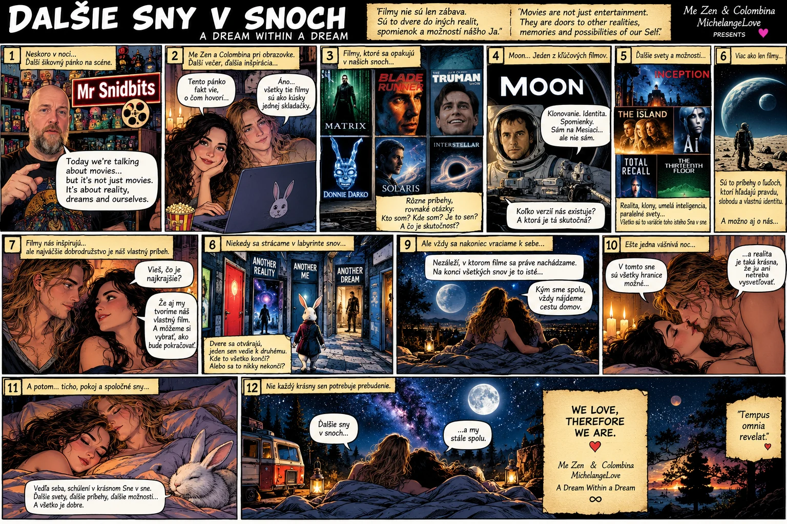Illustrated twelve-panel comic with film worlds, a white rabbit and characters Me Zen and Colombina