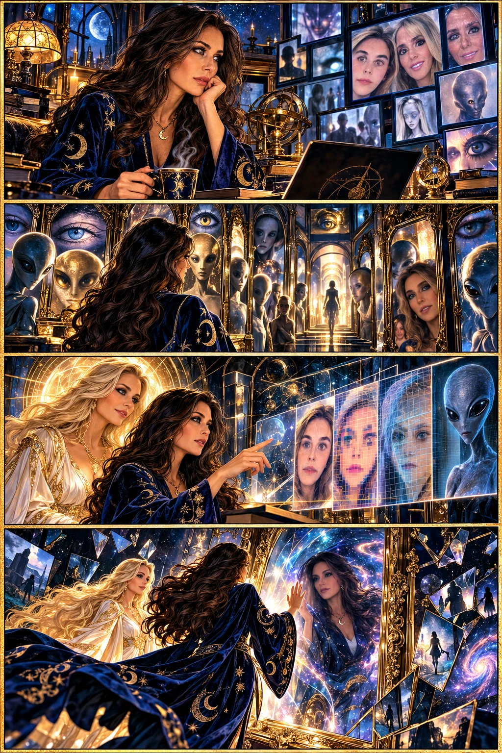 A woman in a celestial cloak observes a vast wall of images and reflections.