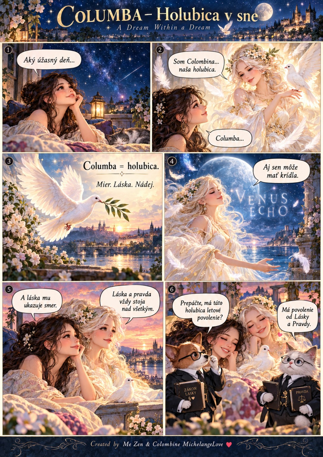 Columba: six-panel romantic night comic featuring a dove, feathers, the moonlit sky, and two comical animal lawyers.
