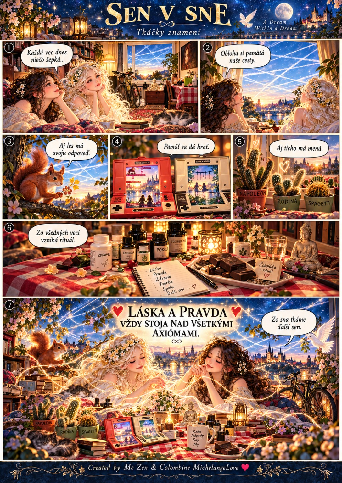 Weavers of Signs: seven-panel night comic showing two women, a starry sky, a squirrel, retro games, cacti, and the axiom that love and truth stand above all axioms.