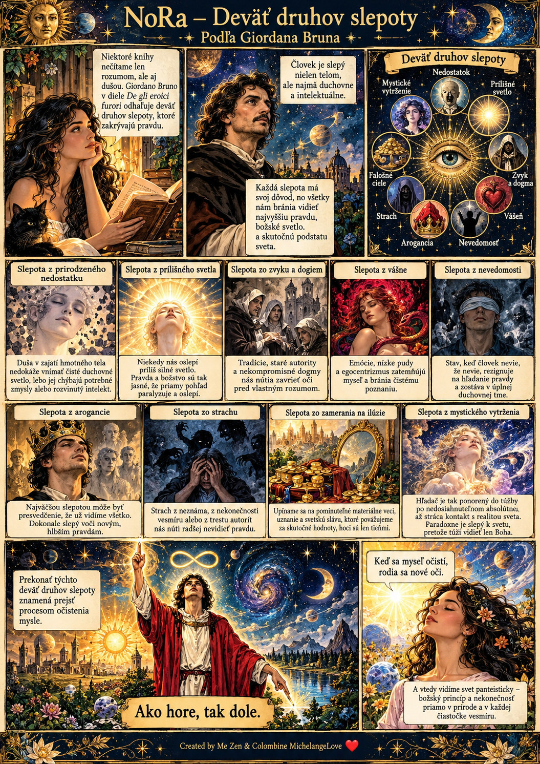 Komiksový plagát: NoRa, Giordano Bruno, deväť symbolických podôb slepoty a postava Mága pod hviezdnou oblohou