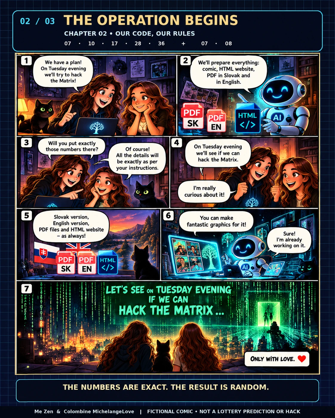 Seven-panel comic sequence about preparing Operation Matrix