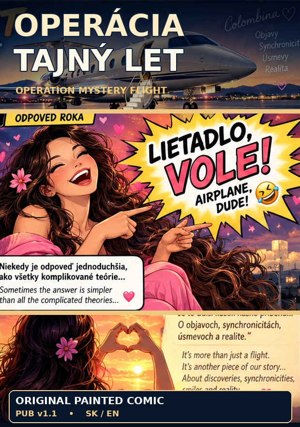 Operácia Tajný let — anonymized original seven-panel illustrated mystery-flight comic
