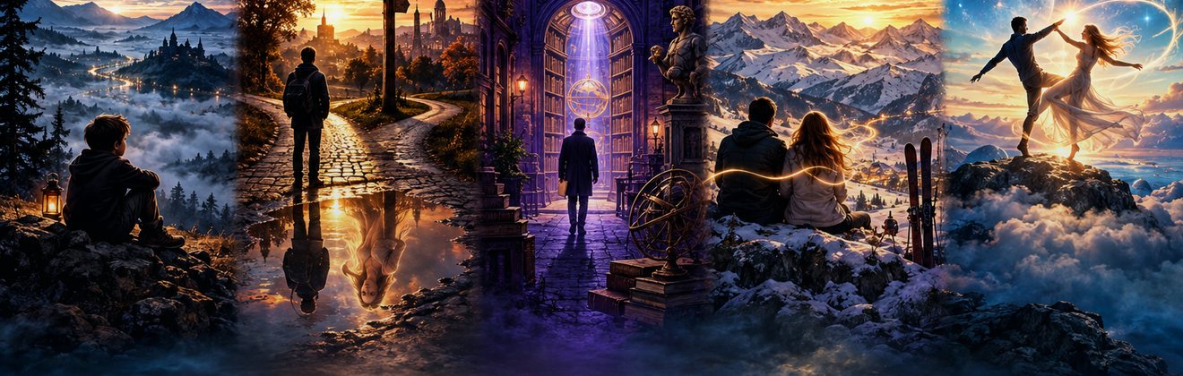 Five illustrated thresholds: childhood, crossroads, discovery, alpine memory and a cosmic horizon
