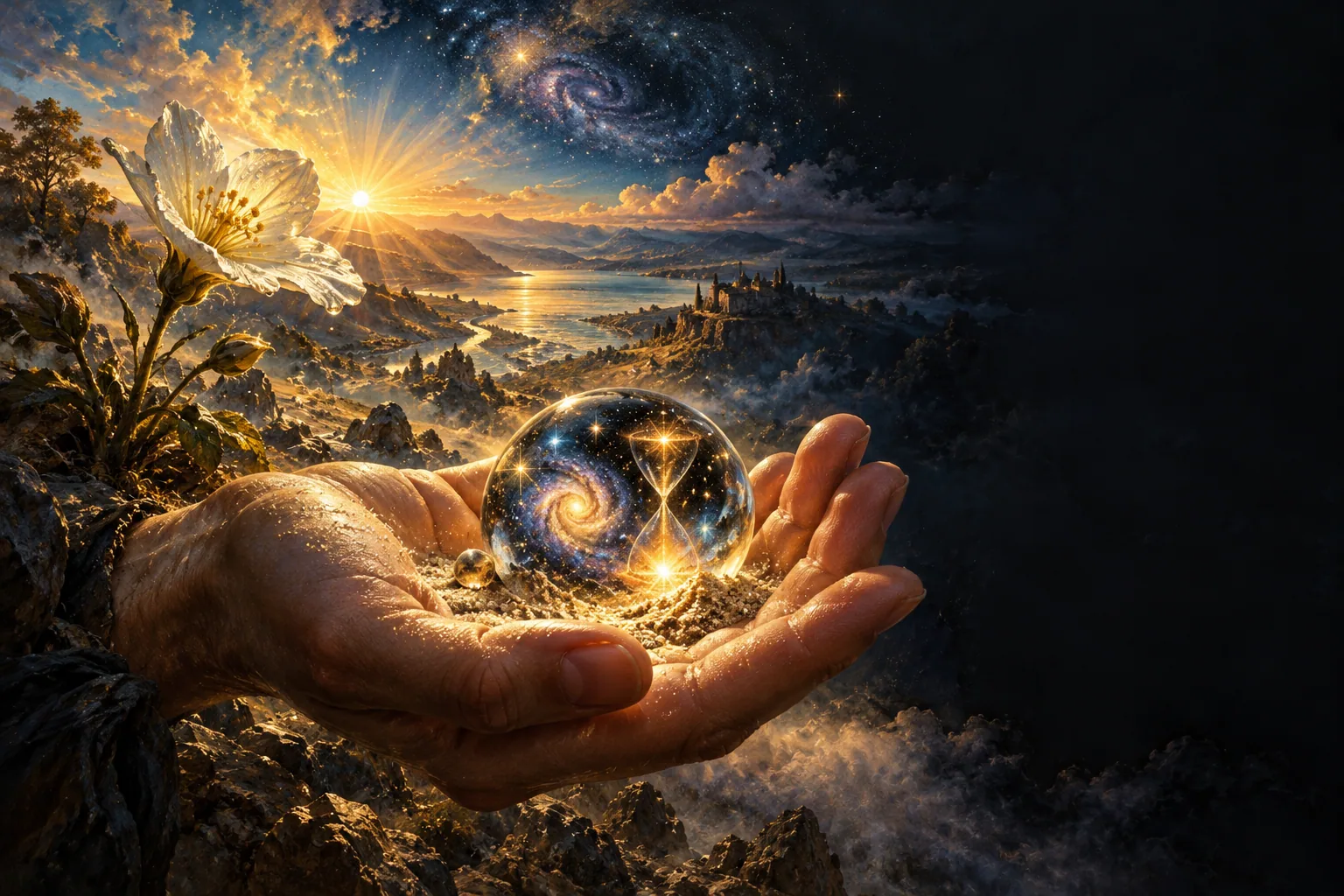 A glowing star-filled universe and hourglass enclosed in a hand