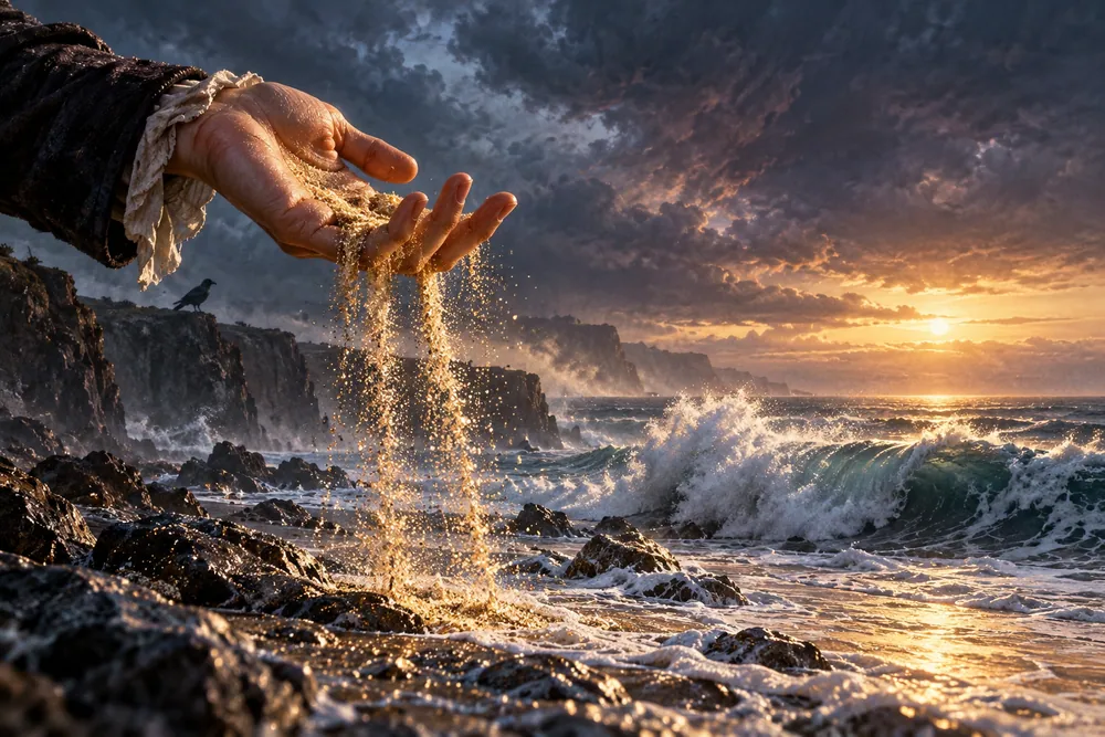 Edgar Allan Poe — golden sand falling from a hand over stormy ocean