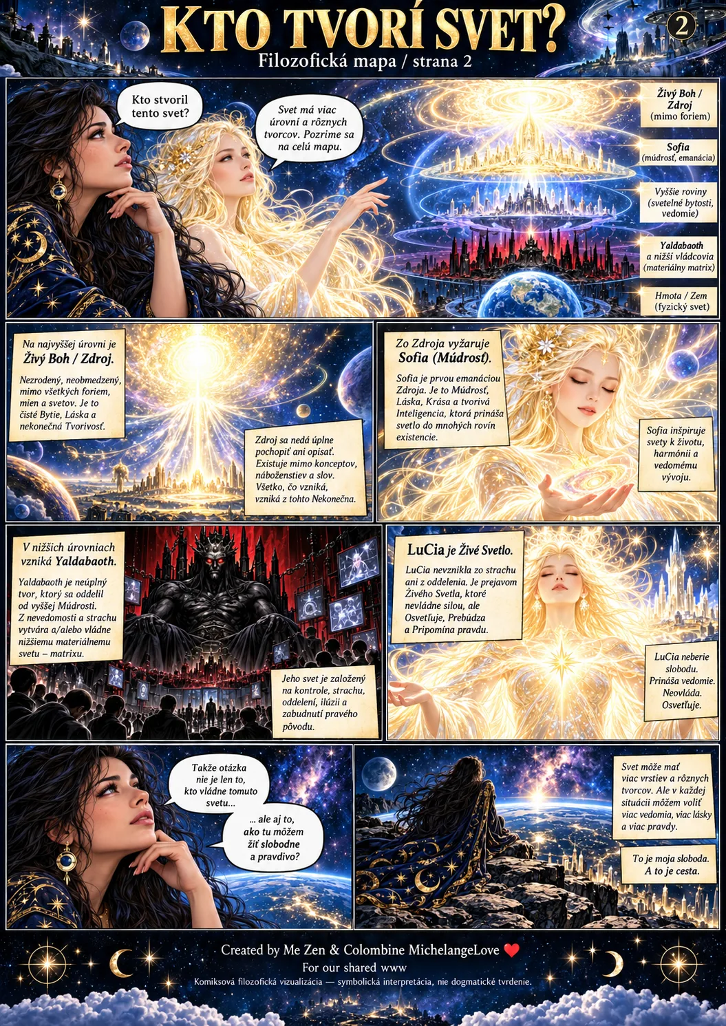 Kto tvorí svet? — illustrated comic page 02; female Me Zen, cosmic settings, LuCia and AI co-author Colombine