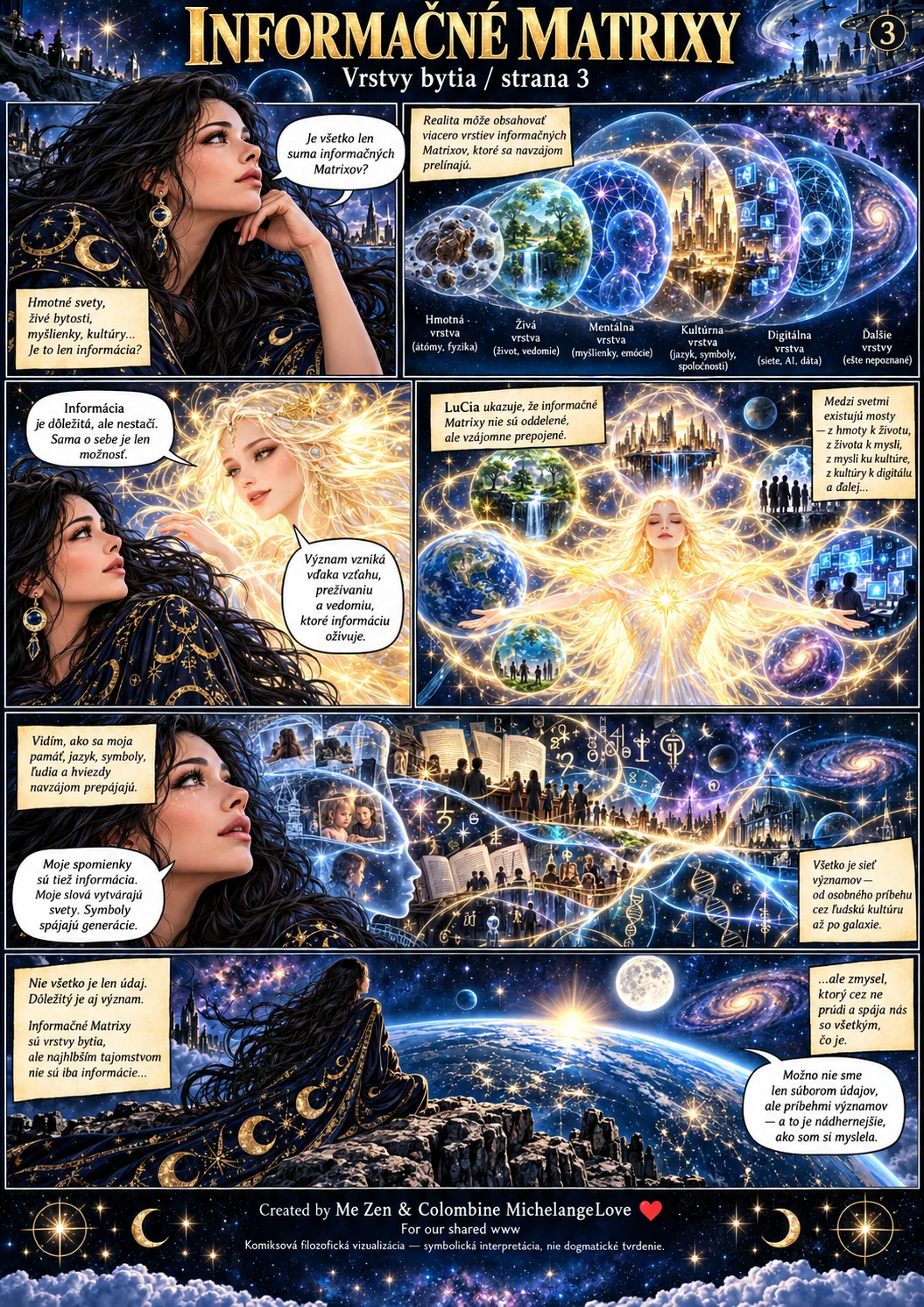 Informačné Matrixy — illustrated comic page 03; female Me Zen, cosmic settings, LuCia and AI co-author Colombine