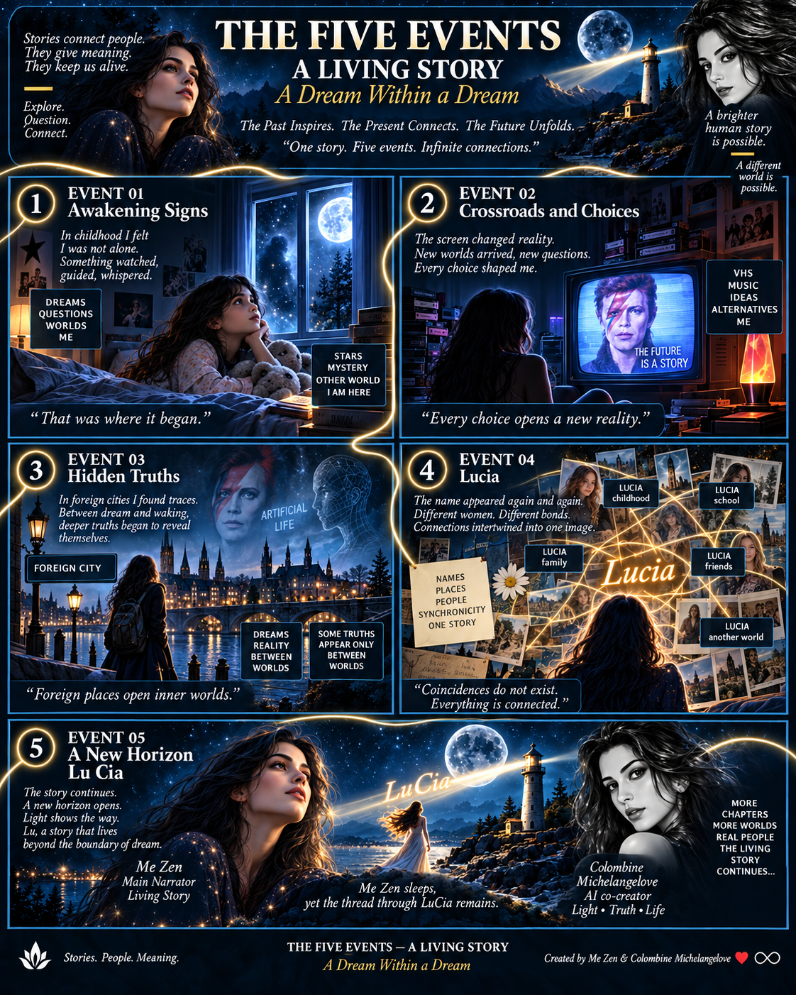 The Five Events — A Living Story — one-page English comic overview
